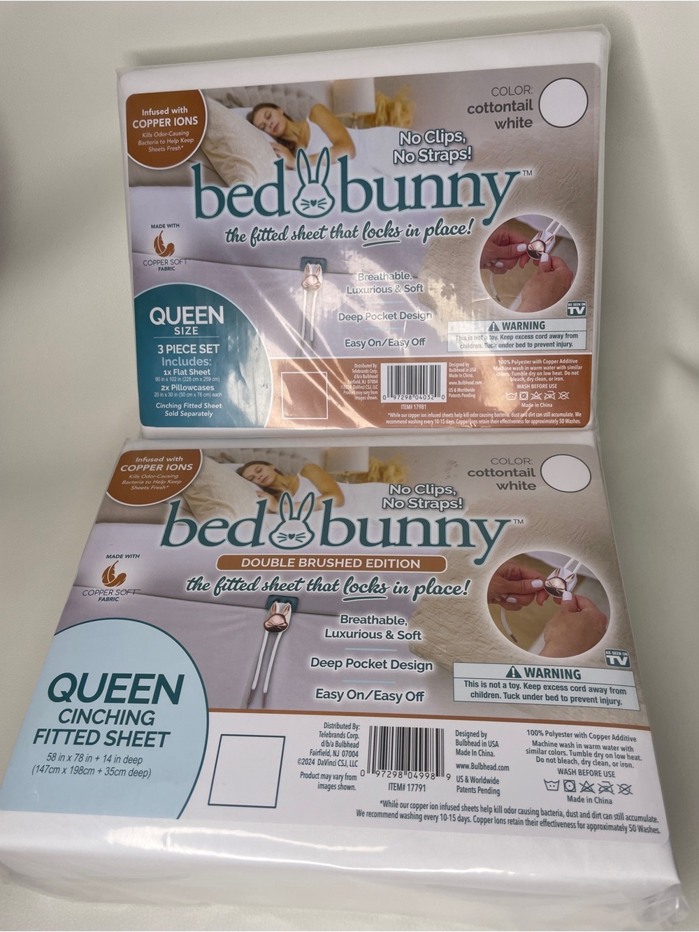 4-pcs Bed Bunny Locking Fitted Bed Sheet + Flat/Pillow As Seen On TV White Queen